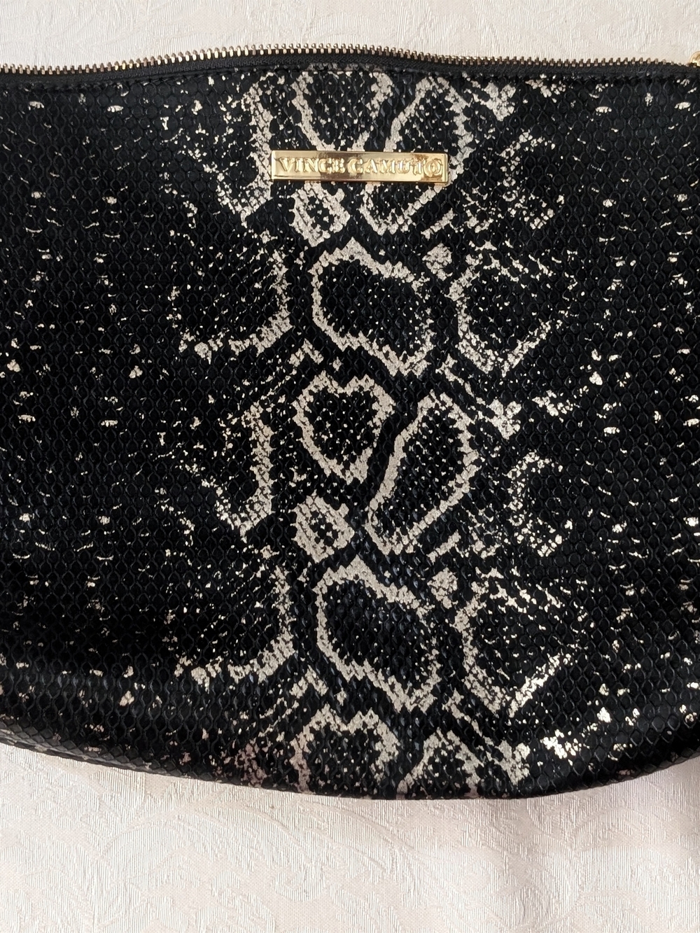 Vince Camuto Snakeskin Print Zip Makeup Bag Black White 12 in x 8 in